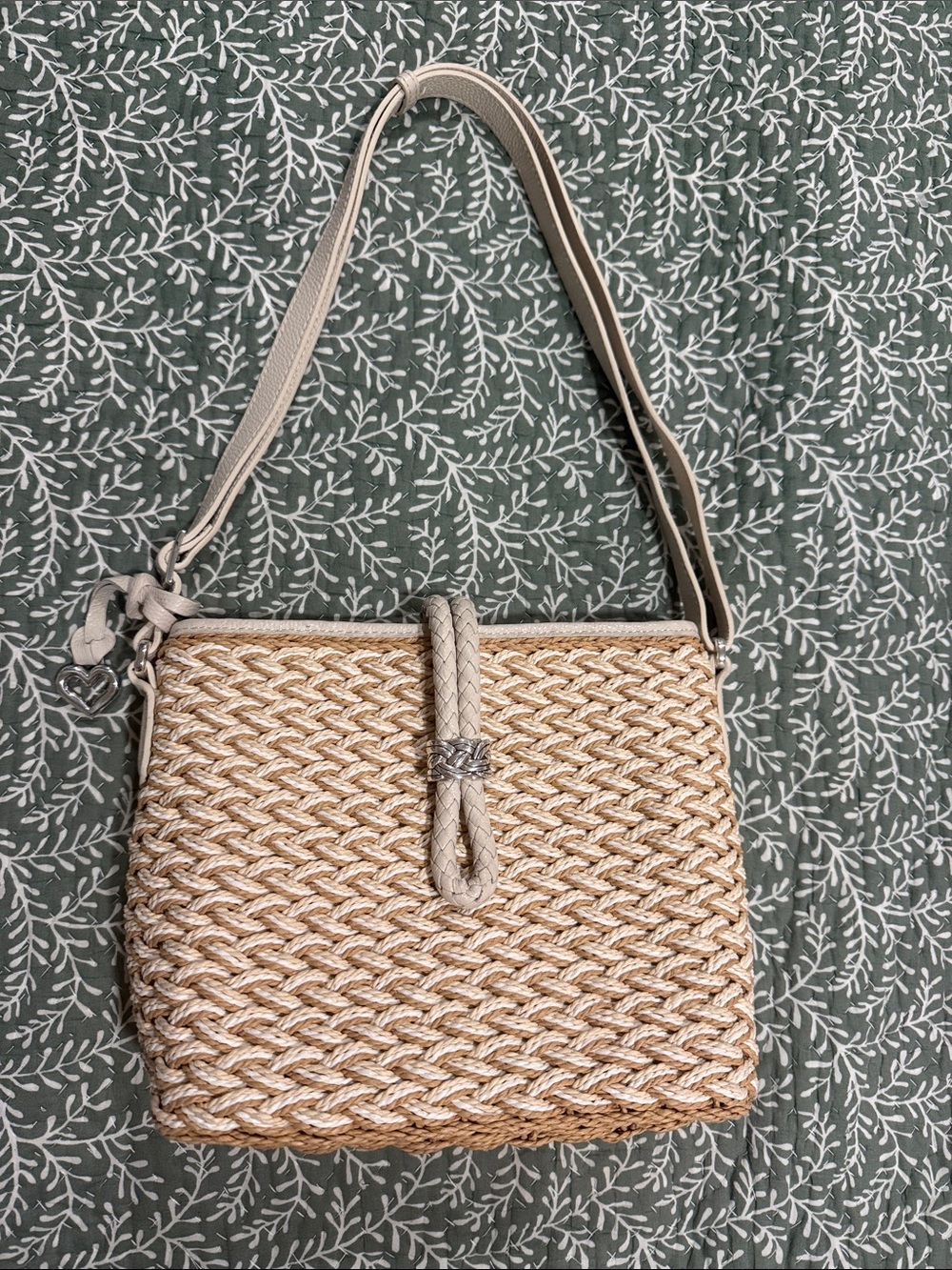 Brighton Woven Straw Shoulder Bag with Cream Trim and Silver Accent